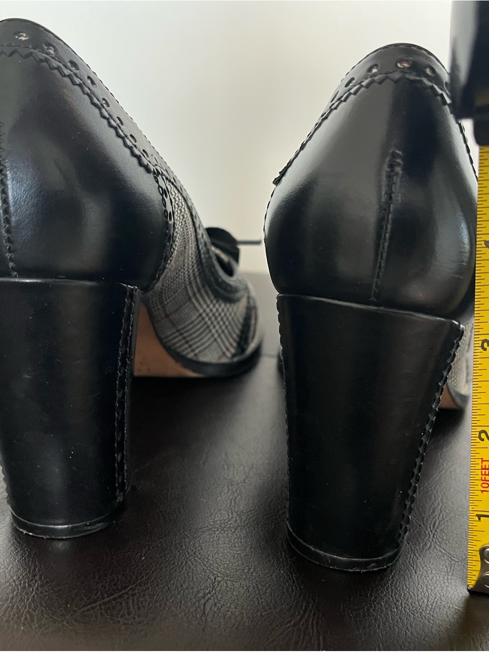 Franco Sarto Black and Cream Plaid Brogue Heels with Bow Accent - Picture 5 of 5